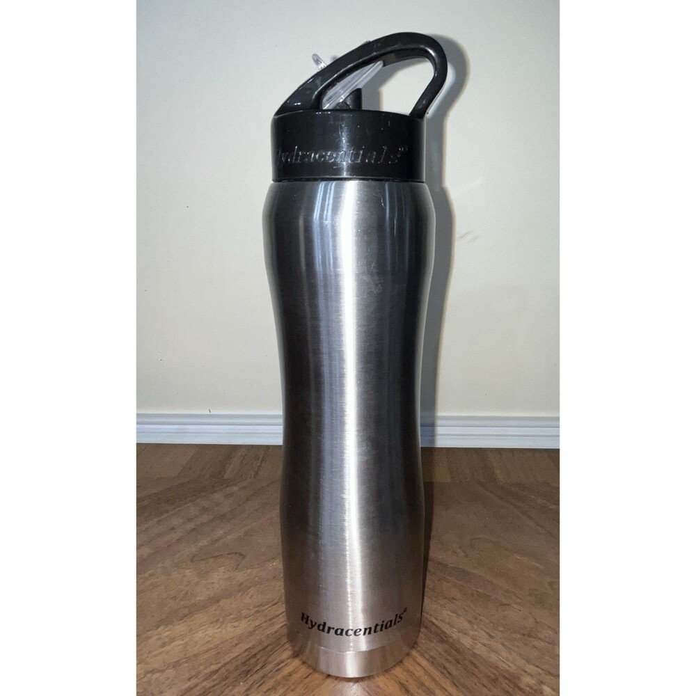 Insulated Silver Water Bottle - Stainless Steel 25oz Hot / Cold Travel W/Straw